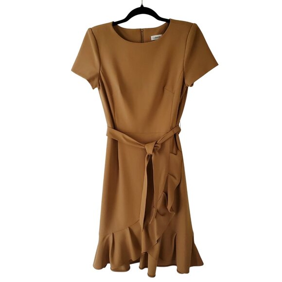 Calvin Klein NWT Career Dress Tulip Hem Tie Front Short Sleeve Deep Tan Size 4 - Picture 15 of 16